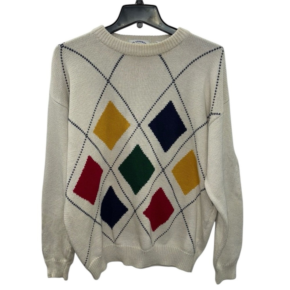 VTG David Leadbetter M Golf Apparel Jos. A. Bank Argyle Sweater 100% Cotton Prep